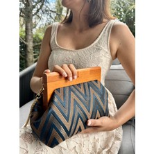 Jophiel Bahram Petite - Zincirli, Ahşap Burslu Kumaş Çanta, Clutch, El Çantası, Kol Çantası, Omuz Çantası, Çanta