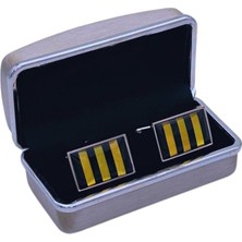 1001 Kravat Siyah ve Bej Çizgili Dikdörtgen Tasarım Kol Düğmesi