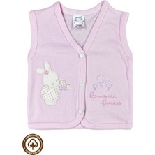 Kız Bebek Çiçekli Ayıcık Nakışlı %100 Organik Pamuklu Penye Bebek Yelek