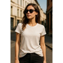 Kadın %100 Organik Pamuklu Relaxed Yıkamalı T-Shirt Bisiklet Yaka Kısa Kollu Kadın Basic Tişört