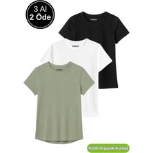 Kadın 3'lü Paket Siyah-Beyaz-Koyu Mint %100 Organik Pamuk Normal Kesim Tişört Bisiklet Yaka T-Shirt