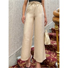 Hasır Kemerli Palazzo Keten Bol Paça Pantolon