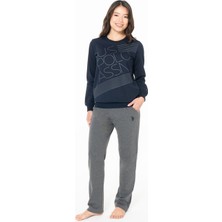 Kadın Bisiklet Yaka Uzun Kollu Pijama Takımı S26123 Rahat Kumaş Cepli