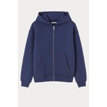 2023 Unisex 3iplik Basic Polarlı Fermuarlı Sweatshirt Hoodie Indigo