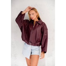 Oversize Bomber Kemerli Fermuarlı Deri Ceket