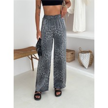 Leopar Desenli Beli Lastikli Geniş Paça Pantolon