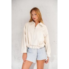 Oversize Bomber Kemerli Fermuarlı Deri Ceket