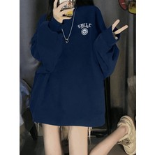 Unisex Lacivert Smile Logo Baskılı Oversize Sweatshirt Ck-Smilelcvsweet
