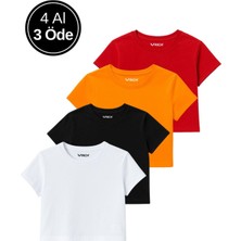 Kadın 4'lü Paket Oversize Crop Tişört %100 Pamuk Bisiklet Yaka T-Shirt