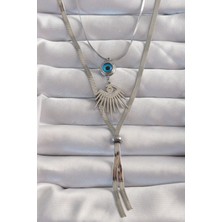 316L Çelik Gümüş Renk Zirkon Taşlı Göz Detay Nazarlı Uzun Asansör Model Kolye