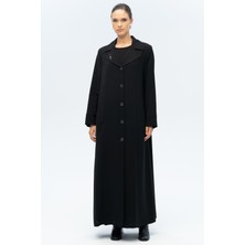 Ceket Yaka Broş Detaylı Astarlı Büyük Beden Pardesü Siyah 6691-A