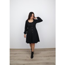 Vazıradk Uzun Kollu Kare Yaka Düğme Detaylı Şardonlu Elbise