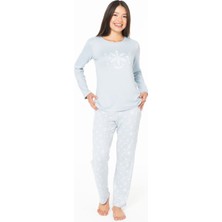 Kadın Bisiklet Yaka Uzun Kollu Desenli Pijama Takımı S26151 Rahat Kumaş