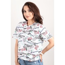 Kadın Baskılı Bisiklet Yaka Oversize T-Shirt