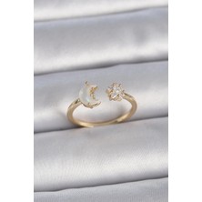 Pirinç Gold Renk Incili Hilal Zirkon Taşlı Yıldız Ayarlanabilir Model Kadın Yüzük