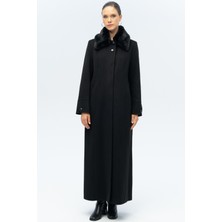 Olcay Kürklü Yakası Çıkabilir Büyük Beden Siyah Manto Uzun Kol Kadın Düğmeli Kumaş 3143