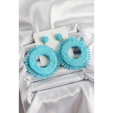 Mavi Püsküllü Halka Figürlü Hasır Örgü Model Gold Renk Kadın Küpe