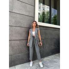 Ekru Renk Premium Boy Fit Kadın Pantolon Kolsuz Ceket Yelek Takımı Atlas Kumaş