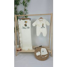 Müslin Yeni Doğan 4katlı Organik %100PAMUK Kişiye Özgü Nakışlı Hastane Çıkış Seti-Yeşil Ayıcık Balon