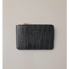 Gri Renk Kroko Desen Fermuar Cep Bölümlü Kadın Kartlık-Cüzdan (Kutulu Gönderim)