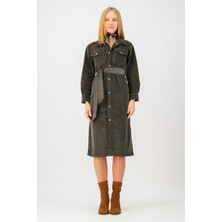 Denim Trip Oversize Fit Kuşaklı Yeşil Kadife Kadın Elbise