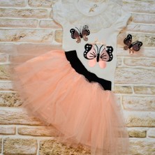 Diji Baby 9-12-18 Ay Payetli Kelebek Nakışlı Taçlı Kısa Kollu Tütü Etek 3lü Kız Bebek Takımı