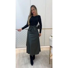 Arben Boutique Kadın Belden Kuşaklı Uzun Deri Etek