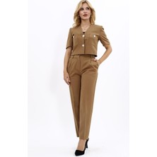  Kısa Kollu Yakasız Mini Ceket & Pileli  Boru Paça Pantolon Takım-Camel