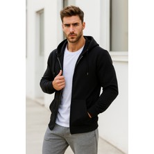 Erkek Siyah Kapüşonlu Kanguru Cepli Fermuarlı Sweatshirt