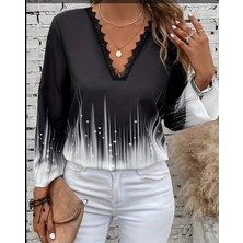 Twomeey Kadın V Yaka Dantel Desen Modal Kumaş Bluz