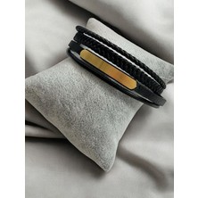 Erkek Siyah Çelik Hasır Örme Hakiki Deri Bileklik