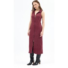 Bordo Fermuarlı Dik Yaka Triko Elbise 8152A