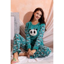 Yeşil Kışlık Uzun Kollu Kadın Peluş Polar Pijama Takımı Ipeksi Doku