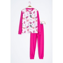 Fuşya Kedi Desenli Kız Çocuk Pijama Takımı 22767