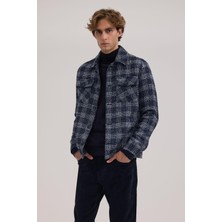 Lacivert Comfort Fit Ekoseli Gömlek Yaka Mont