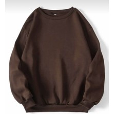 Unisex Kahverengi Pamuklu Bisiklet Yaka Sweatshirt