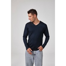 Erkek Lacivert Uzun Kollu V Yaka Modal Basic Tişört C7T2N6O1