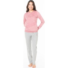 Kadın Bisiklet Yaka Uzun Kollu Pijama Takımı S26123 Rahat Kumaş Cepli