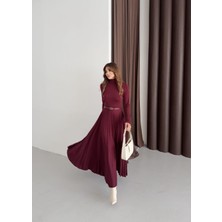 Buketli Kadın Dik Yaka Altı Pliseli Kemerli Sandy Kumaş Uzun Kollu Uzun  Elbise