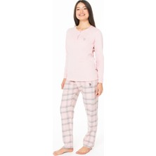Kadın Uzun Kollu Altı Kareli Pijama Takımı S26169 Bisiklet Yaka Düğmeli