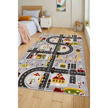 Dekozer Oyun Şehri Çocuk Oyun Halısı | 3 Boyutlu Araba Yolu Desenli, Tozumaz, Kolay Temizlik, Jüt Tabanlı