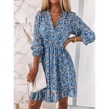 Kadın Truvakarkol Kruvaze Yakalı Beli Lastikli Çiçek Desenli Süprem Elbise