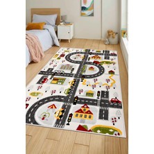 Dekozer Oyun Şehri Çocuk Oyun Halısı | 3 Boyutlu Araba Yolu Desenli, Tozumaz, Kolay Temizlik, Jüt Tabanlı