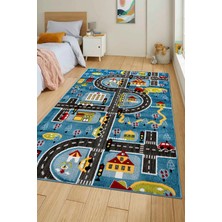Dekozer Oyun Şehri Çocuk Oyun Halısı | 3 Boyutlu Araba Yolu Desenli, Tozumaz, Kolay Temizlik, Jüt Tabanlı