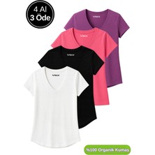 Kadın 4'lü Paket Siyah-Beyaz-Mor-Pembe %100 Organik Pamuk Tişört V Yaka T-Shirt