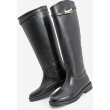 Marjin Kadın Tokalı Binici Fermuarsız Günlük Çizme Velote Siyah