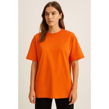 Kadın Kiremit %100 Pamuk Oversize Basic Tişört – Rahat Kalıp Relaxed Bisiklet Yaka T-Shirt