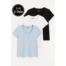 Kadın %100 Pamuk 3'lü Paket Kısa Kollu Yuvarlak Yaka Tişört