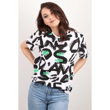 Kadın Baskılı Bisiklet Yaka Oversize T-Shirt