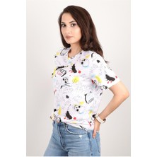 Kadın Baskılı Bisiklet Yaka Oversize T-Shirt